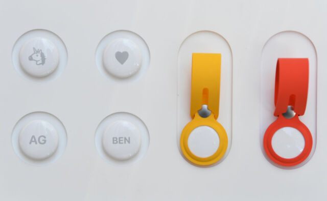 AirTags are tiny, button-like devices which can be personalized with engraving and attached to easily lost devices either directly or via "loop" holders.
