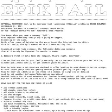 Anonymous leaks gigabytes of data from alt-right web host Epik