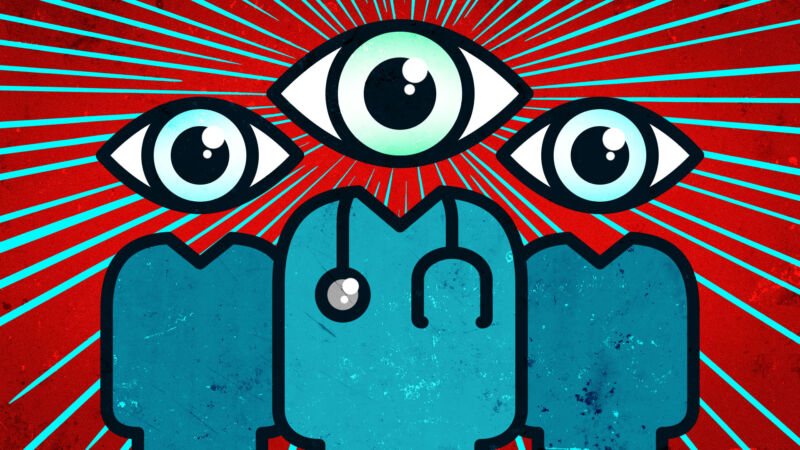 Cartoon medical personnel are combined with all-seeing eyes.
