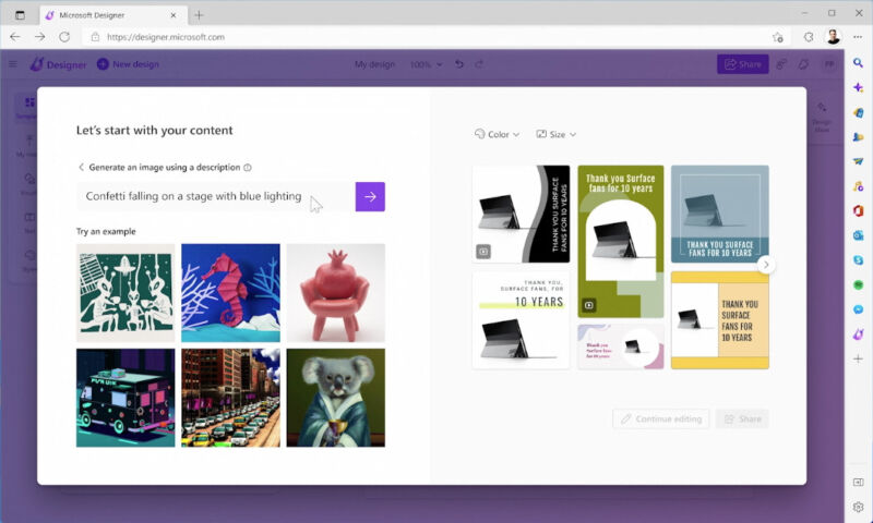 A preview of Microsoft Designer's AI text-to-image functionality, which can generate images from written prompts.
